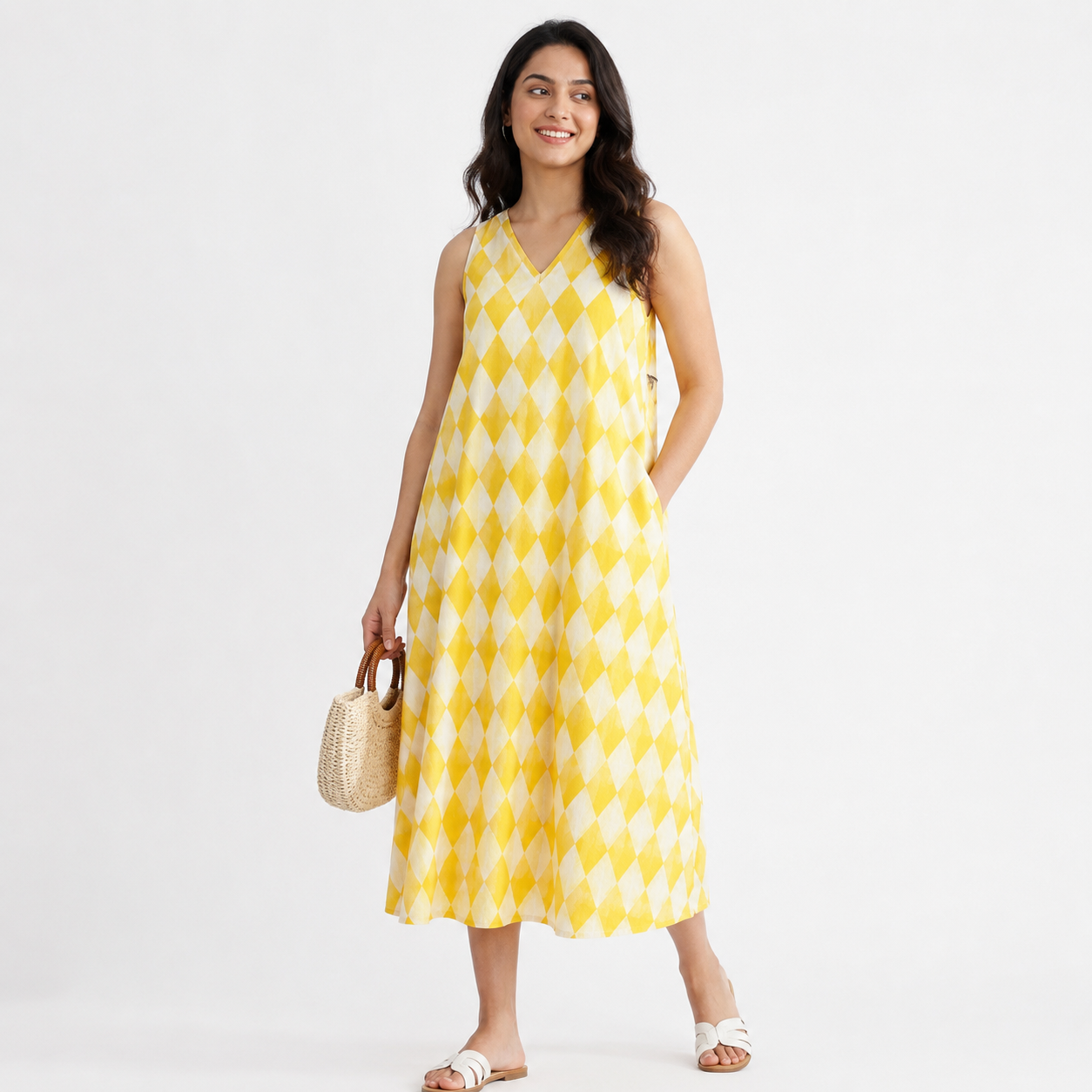 Yellow Print Sleeveless Midi Dress