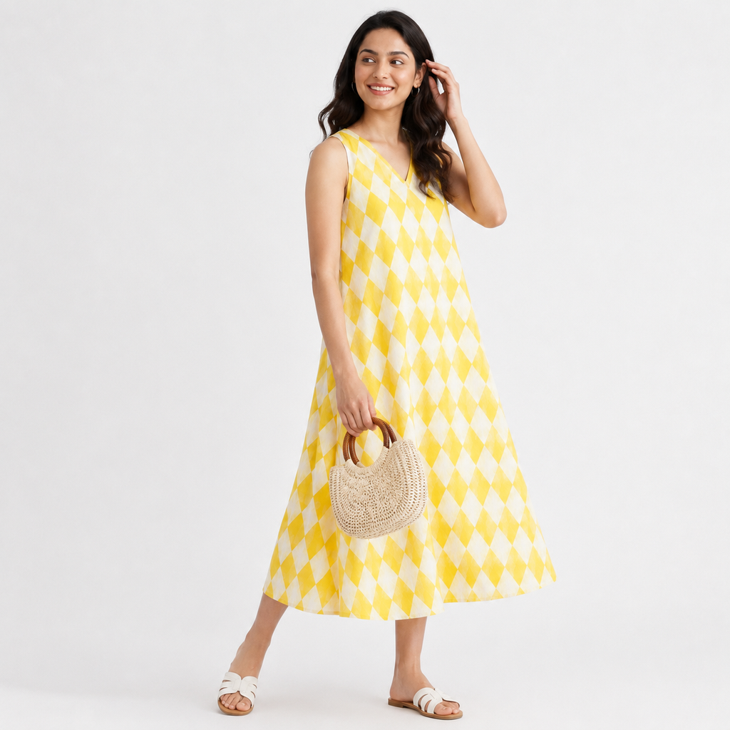 Yellow Print Sleeveless Midi Dress