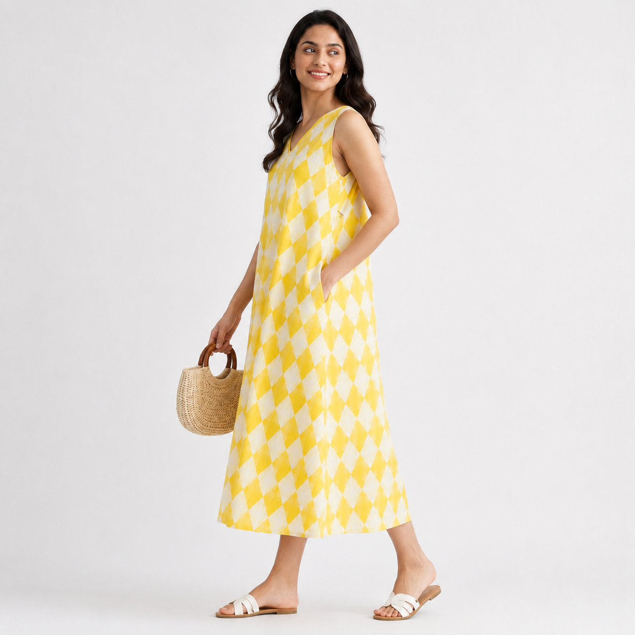Yellow Print Sleeveless Midi Dress