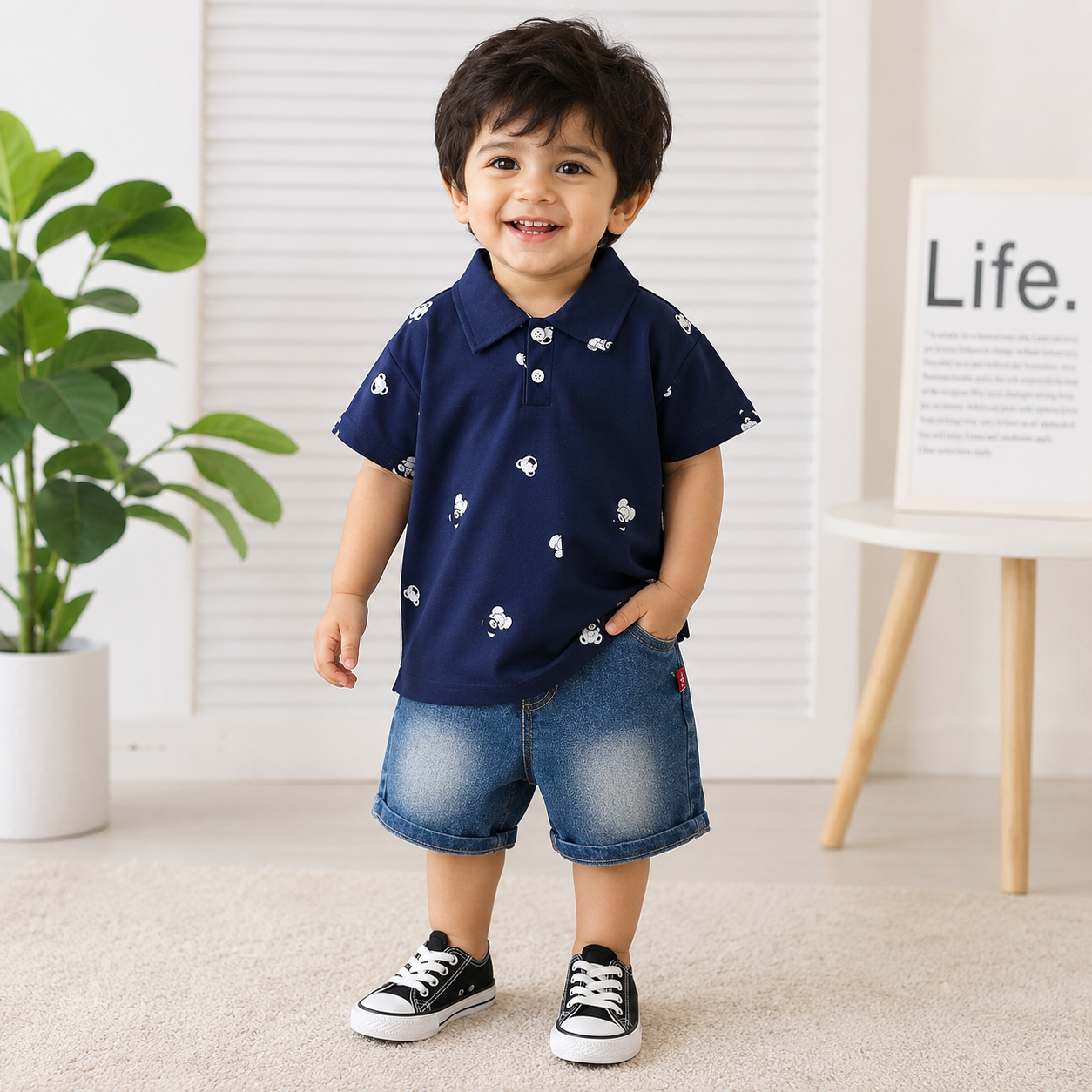 Navy Polo & Denim Shorts Outfit Set