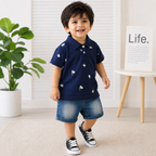 Navy Polo & Denim Shorts Outfit Set
