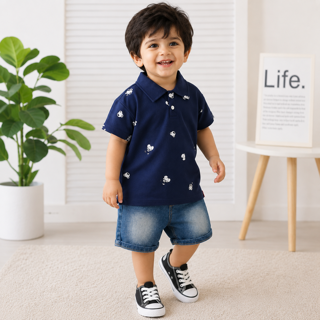 Navy Polo & Denim Shorts Outfit Set