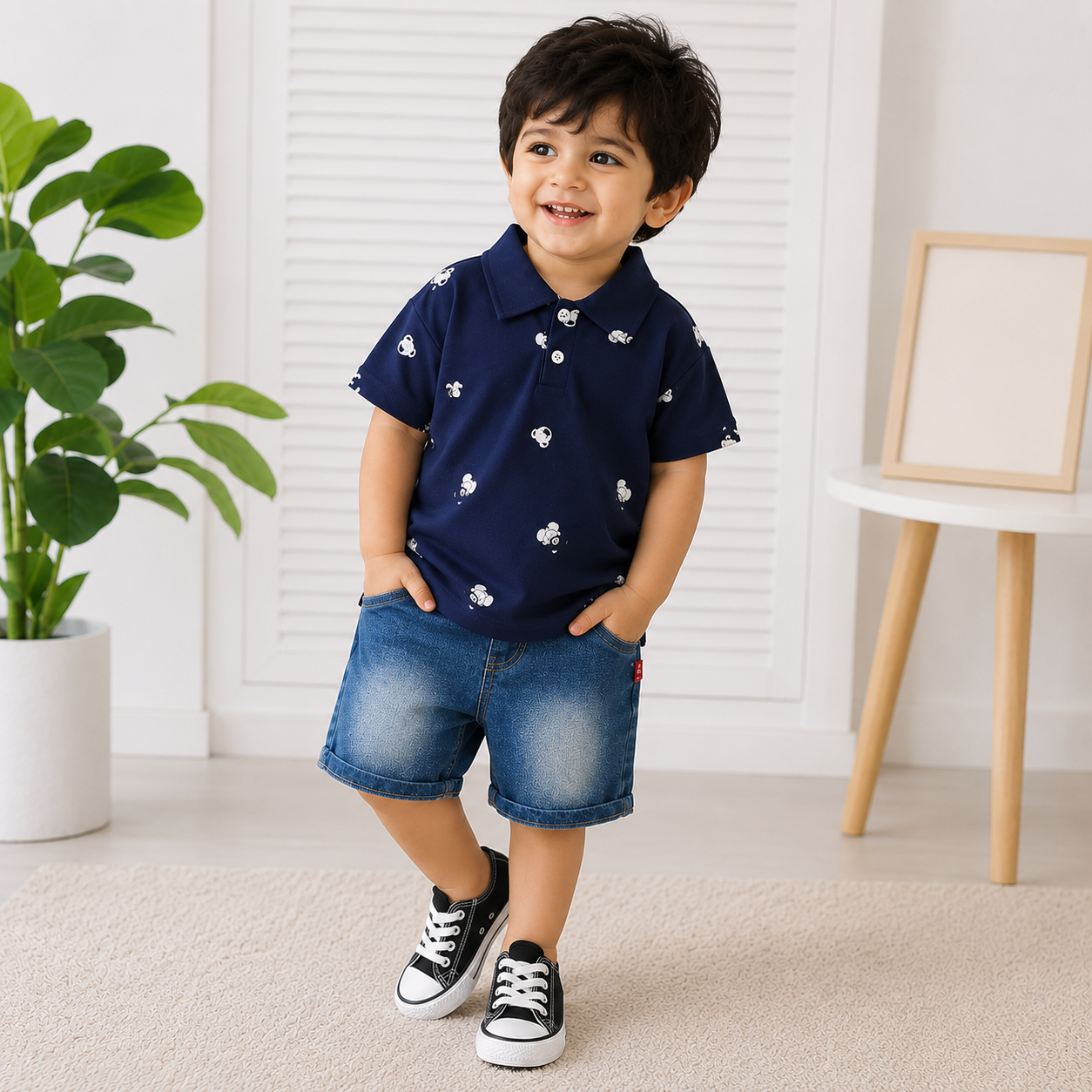 Navy Polo & Denim Shorts Outfit Set