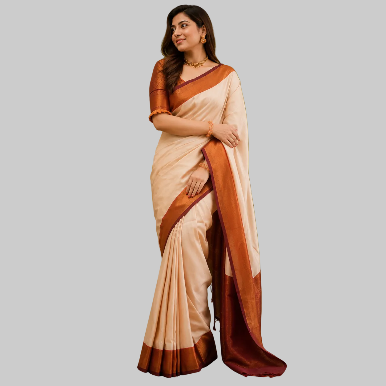Cream & Rust Brown Silk Saree