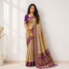 Beige Cotton Printed Saree