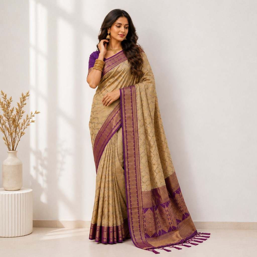 Beige Cotton Printed Saree