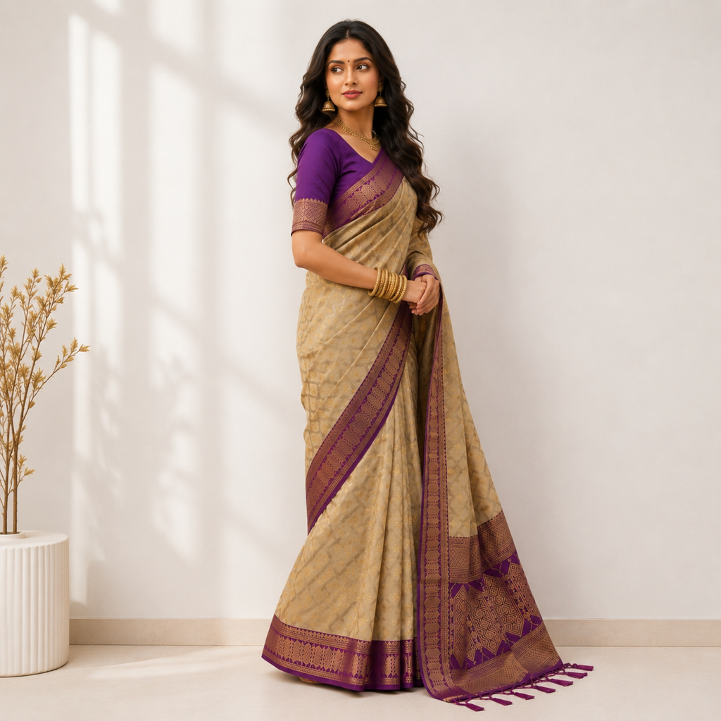 Beige Cotton Printed Saree