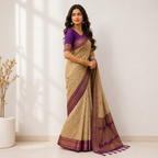 Beige Cotton Printed Saree