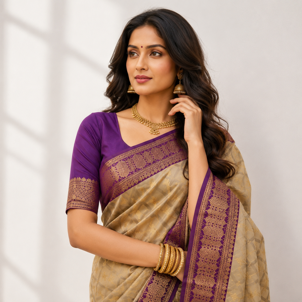 Beige Cotton Printed Saree