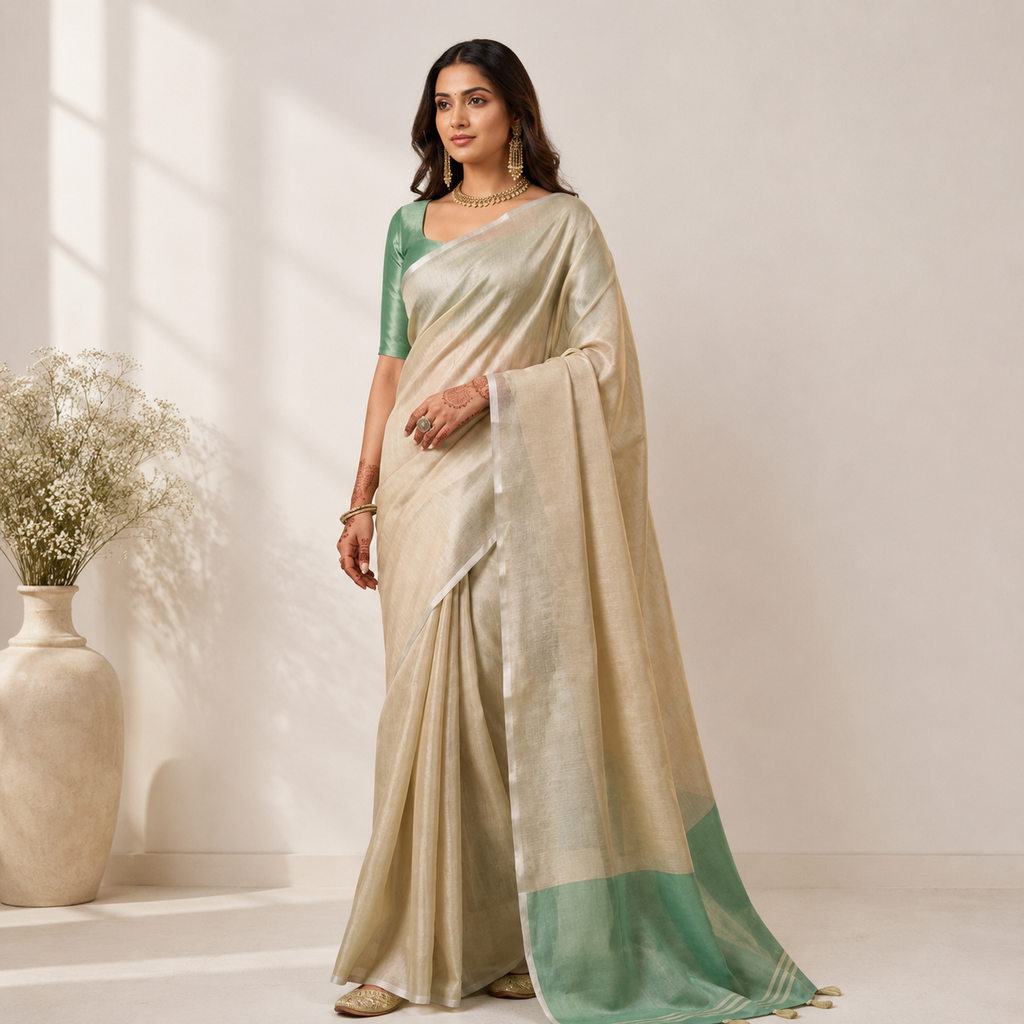 Beige Tissue Silk Solid Saree