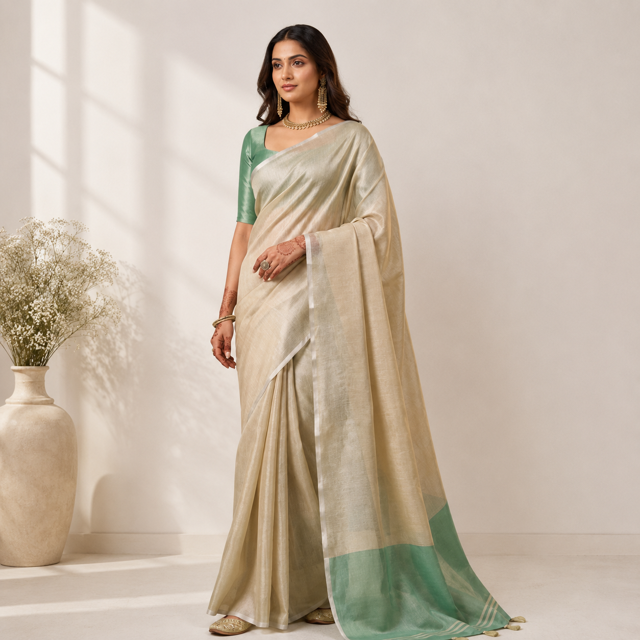Beige Tissue Silk Solid Saree