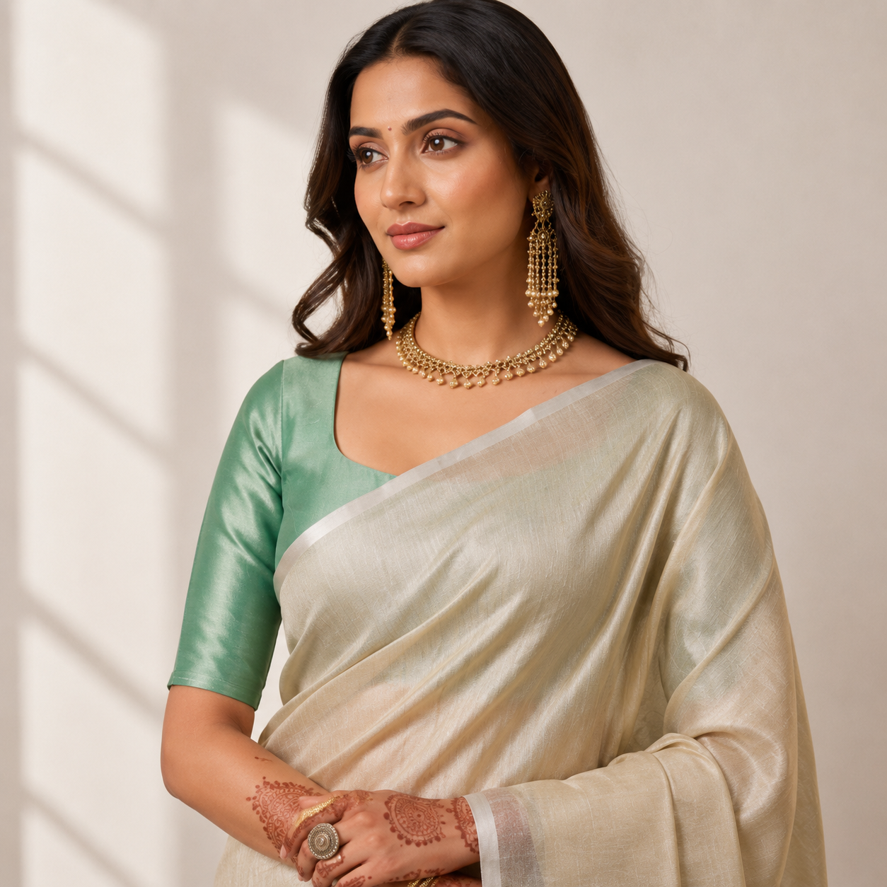 Beige Tissue Silk Solid Saree