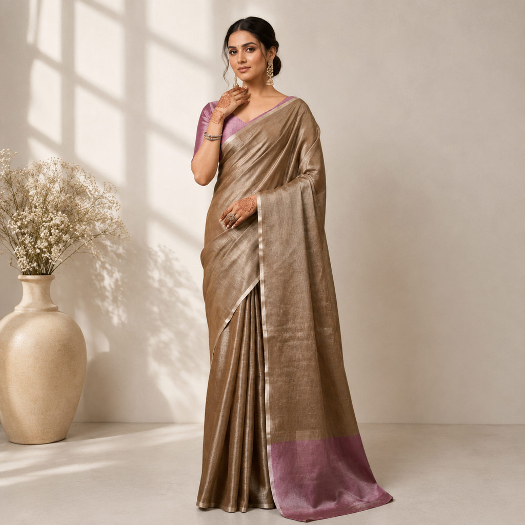 Brown Tissue Silk Solid Saree