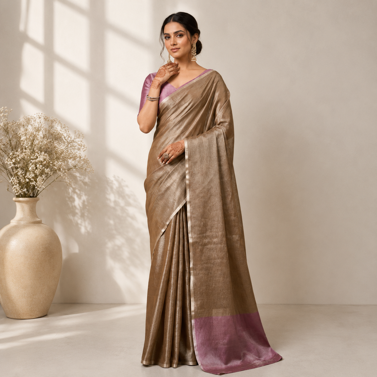 Brown Tissue Silk Solid Saree