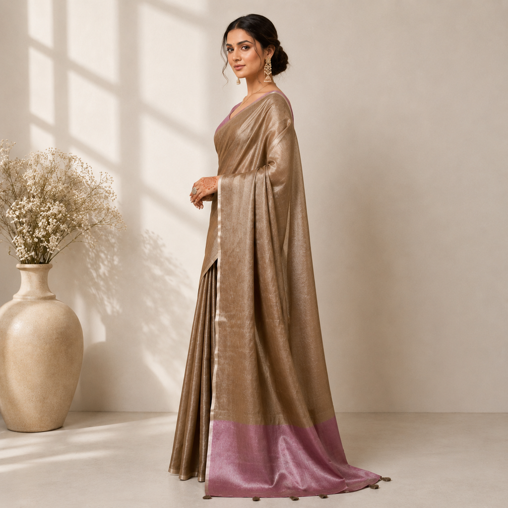 Brown Tissue Silk Solid Saree