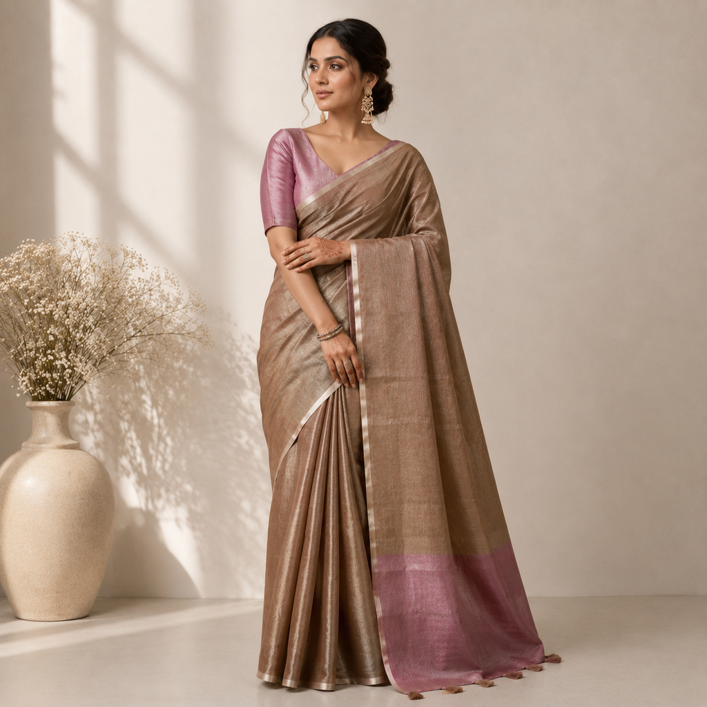 Brown Tissue Silk Solid Saree