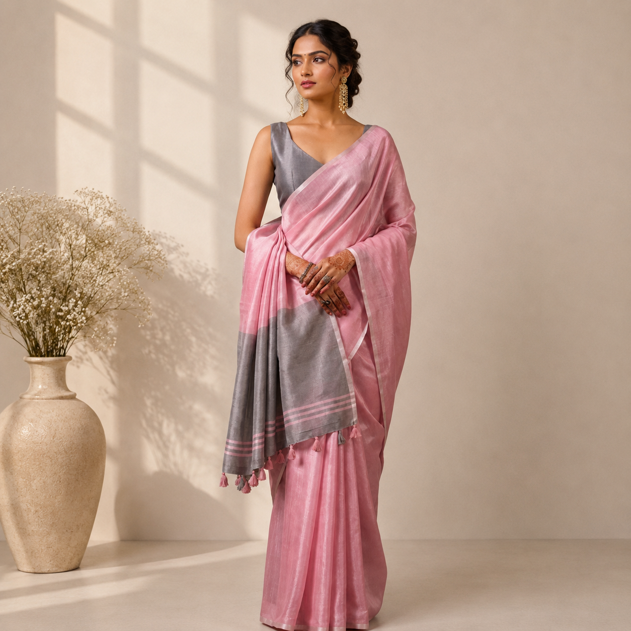 Baby Pink Tissue Silk Solid Saree