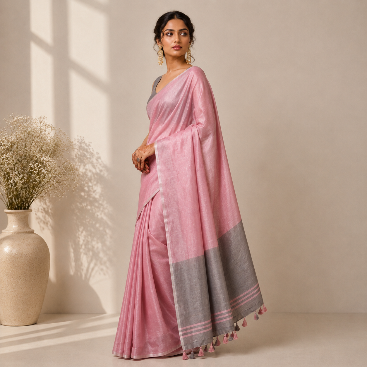 Baby Pink Tissue Silk Solid Saree