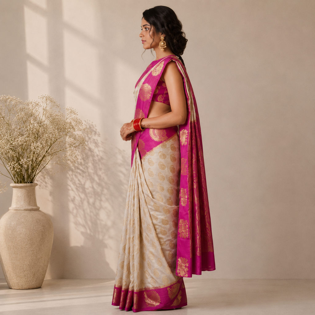 Ivory Bloom Soft Lichi Silk Saree