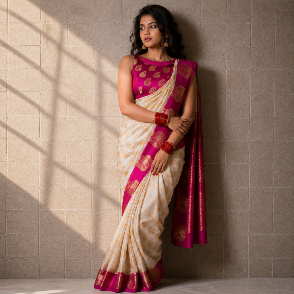 Ivory Bloom Soft Lichi Silk Saree