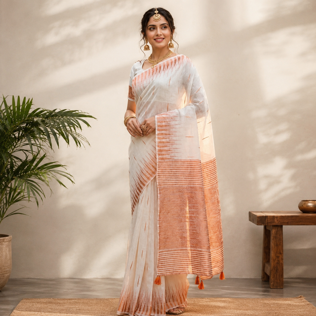 White Printed Linen Cotton Saree