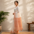 White Printed Linen Cotton Saree