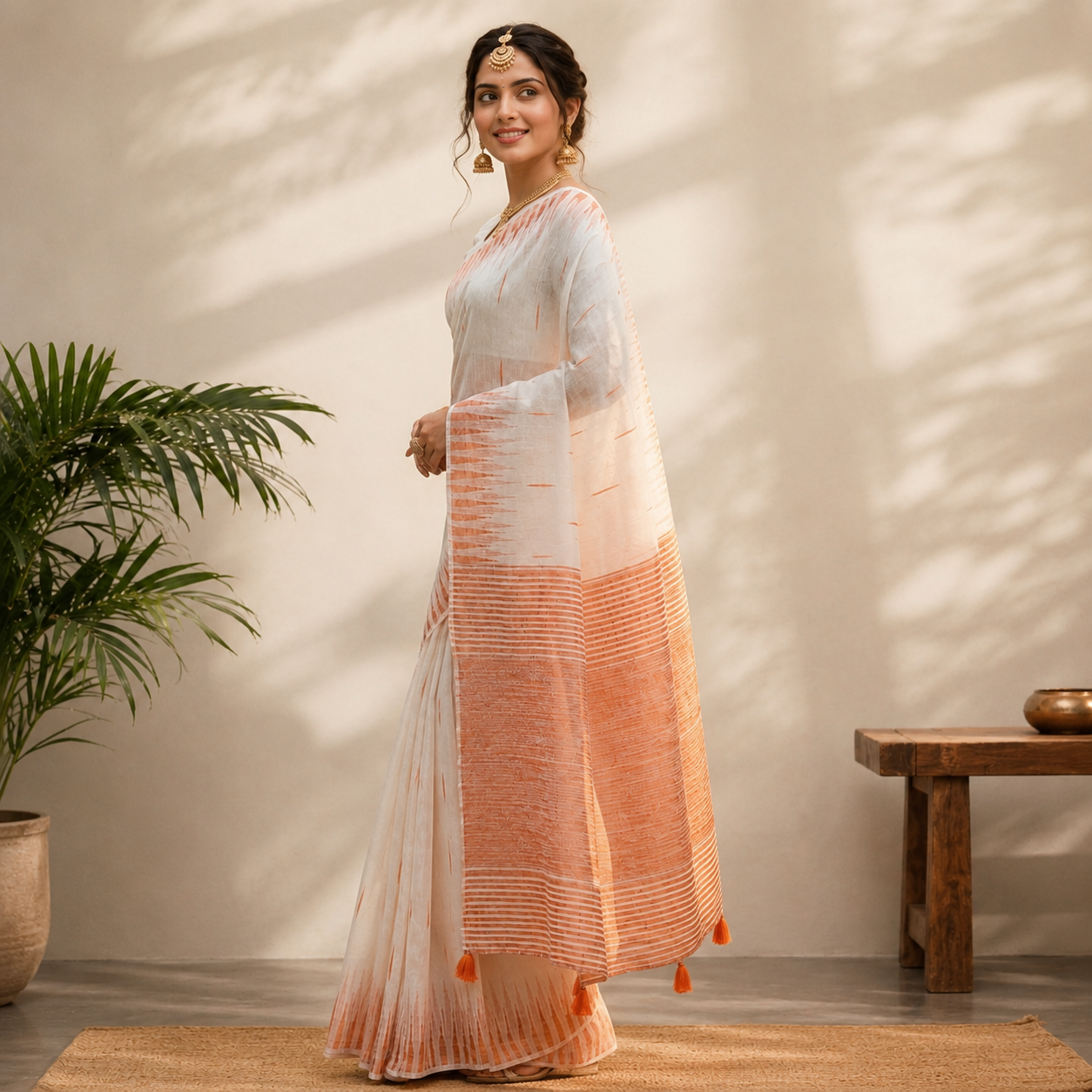 White Printed Linen Cotton Saree