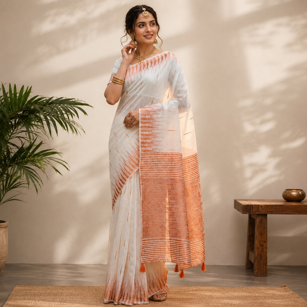 White Printed Linen Cotton Saree