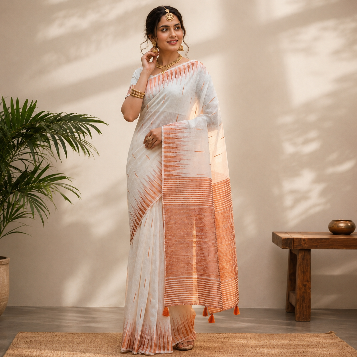 White Printed Linen Cotton Saree