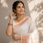 White Printed Linen Cotton Saree