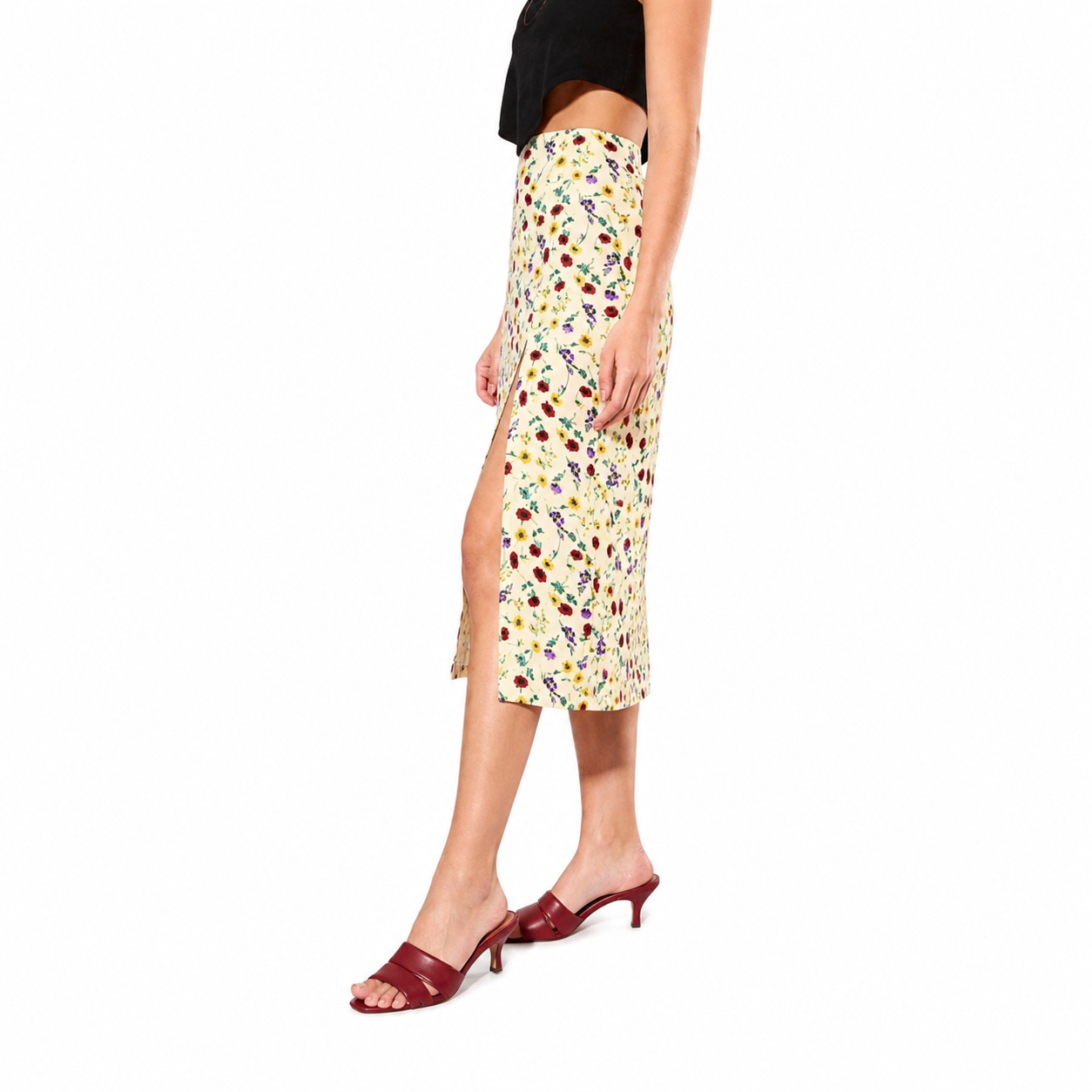 White Floral Print Side-Zip Midi Skirt