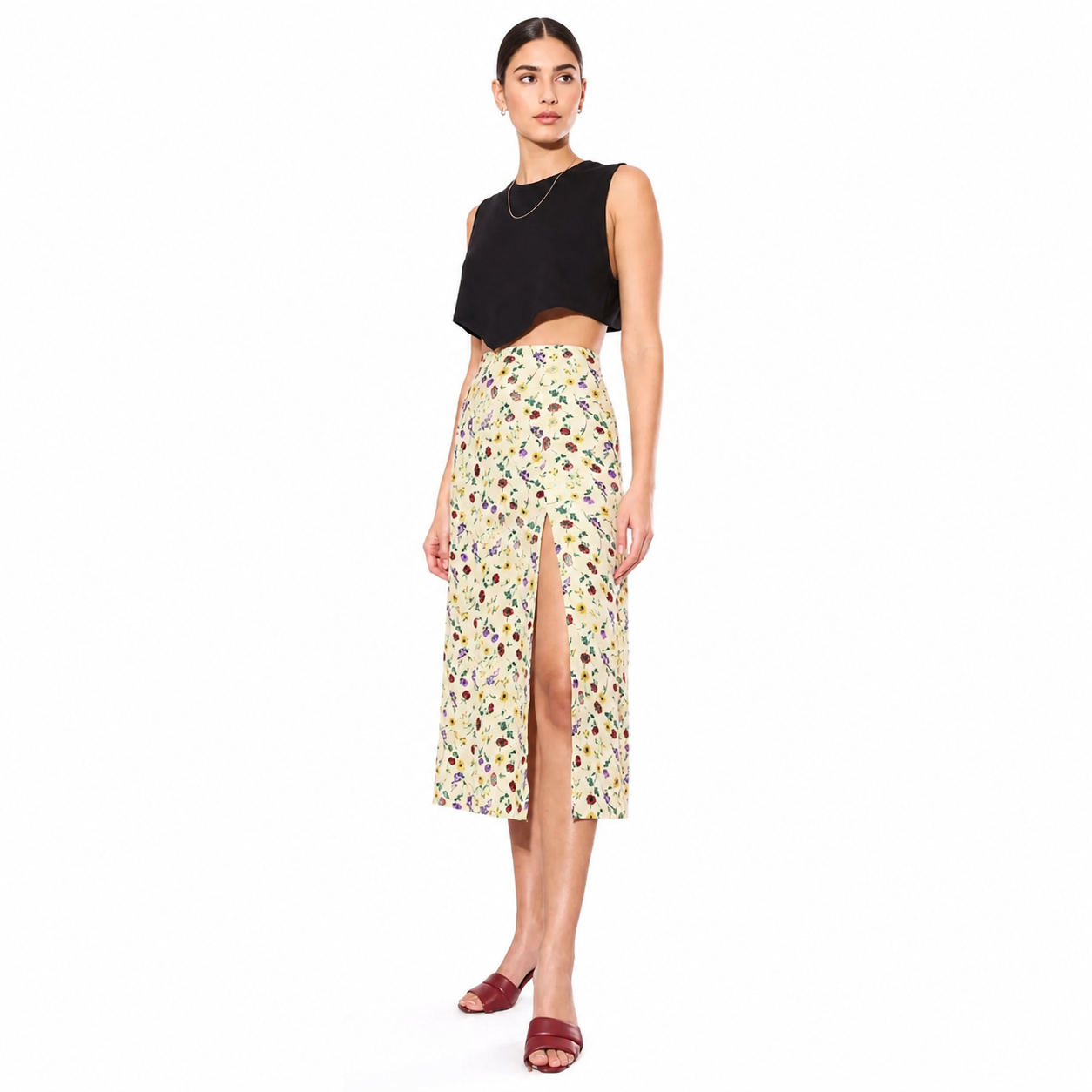 White Floral Print Side-Zip Midi Skirt