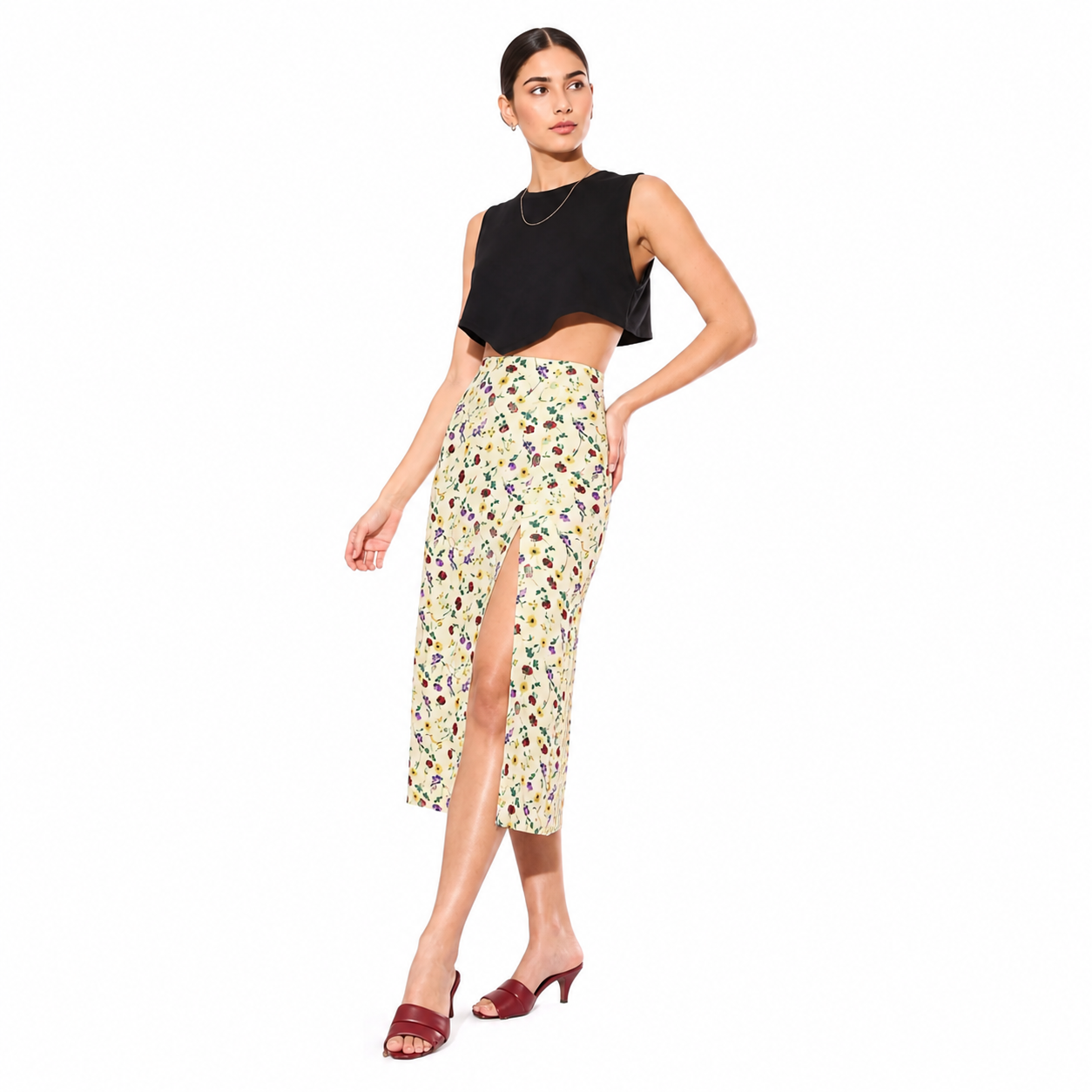 White Floral Print Side-Zip Midi Skirt