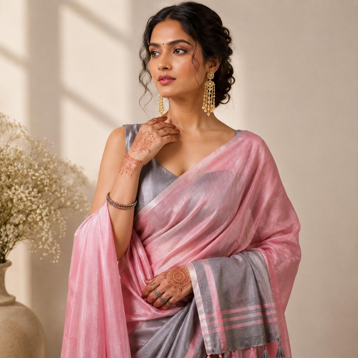 Baby Pink Tissue Silk Solid Saree