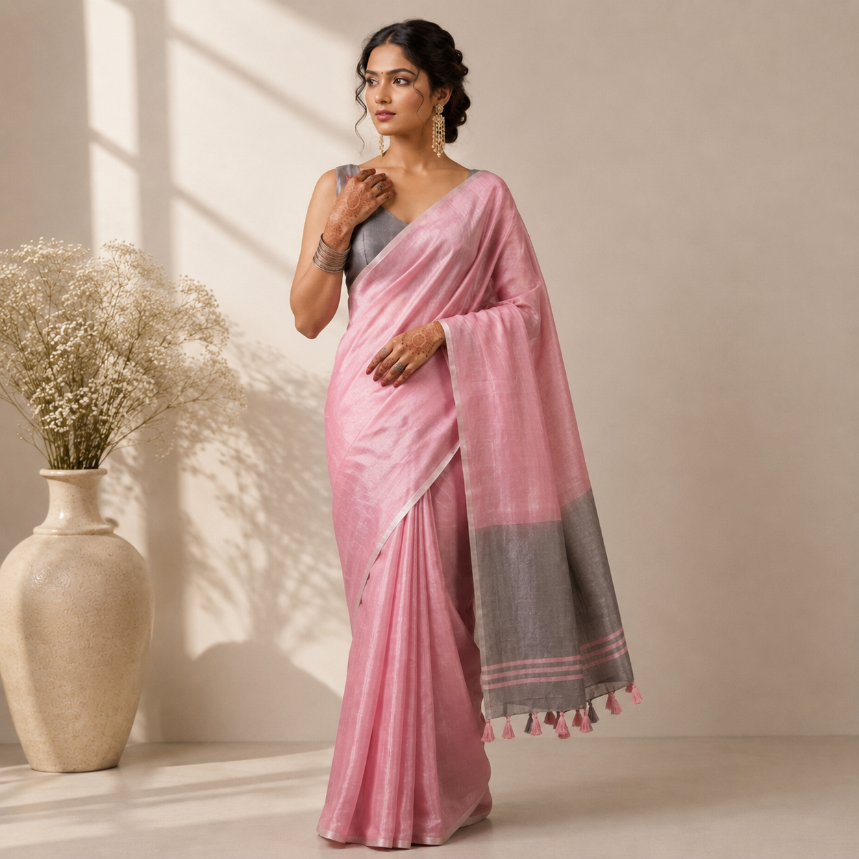 Baby Pink Tissue Silk Solid Saree