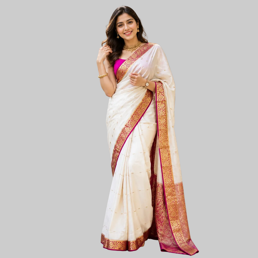 Elegant Off-White & Pink Silk Saree