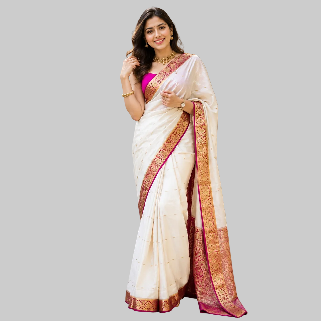 Elegant Off-White & Pink Silk Saree