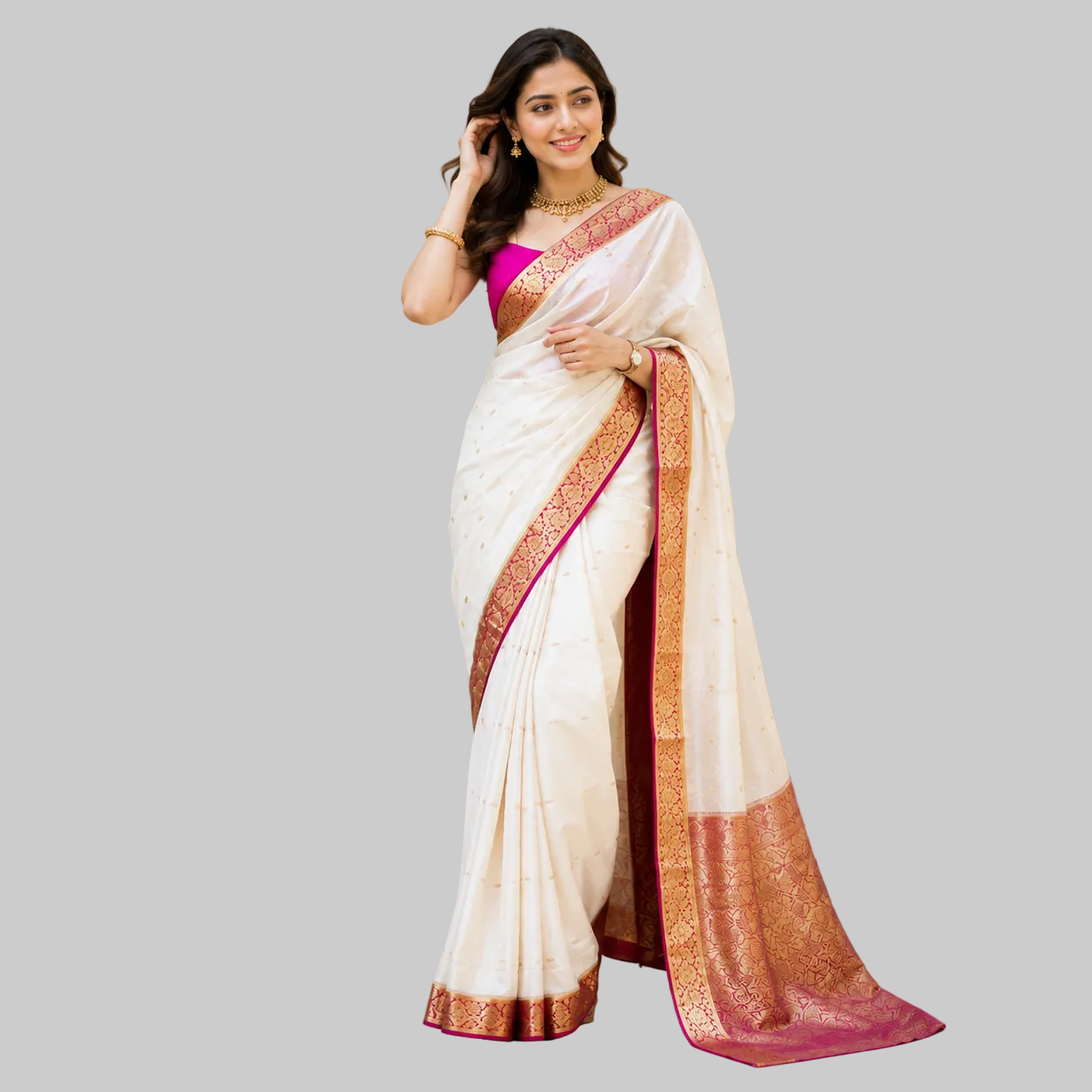 Elegant Off-White & Pink Silk Saree