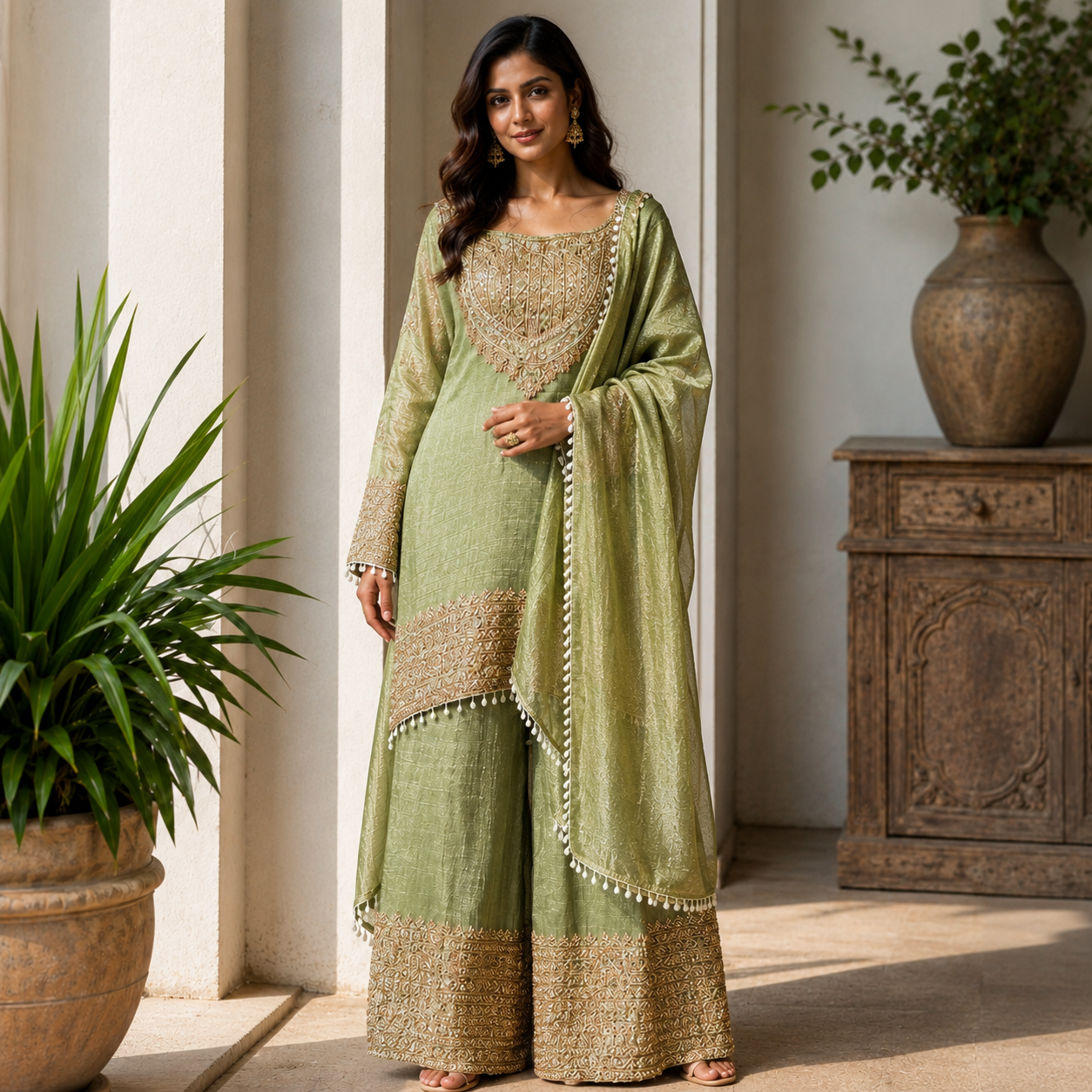 Green Silk Gharara Suit Set