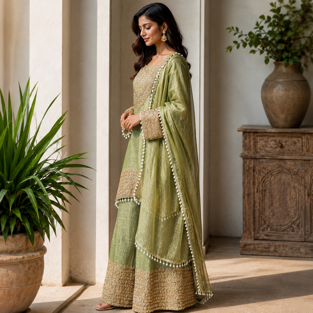 Green Silk Gharara Suit Set