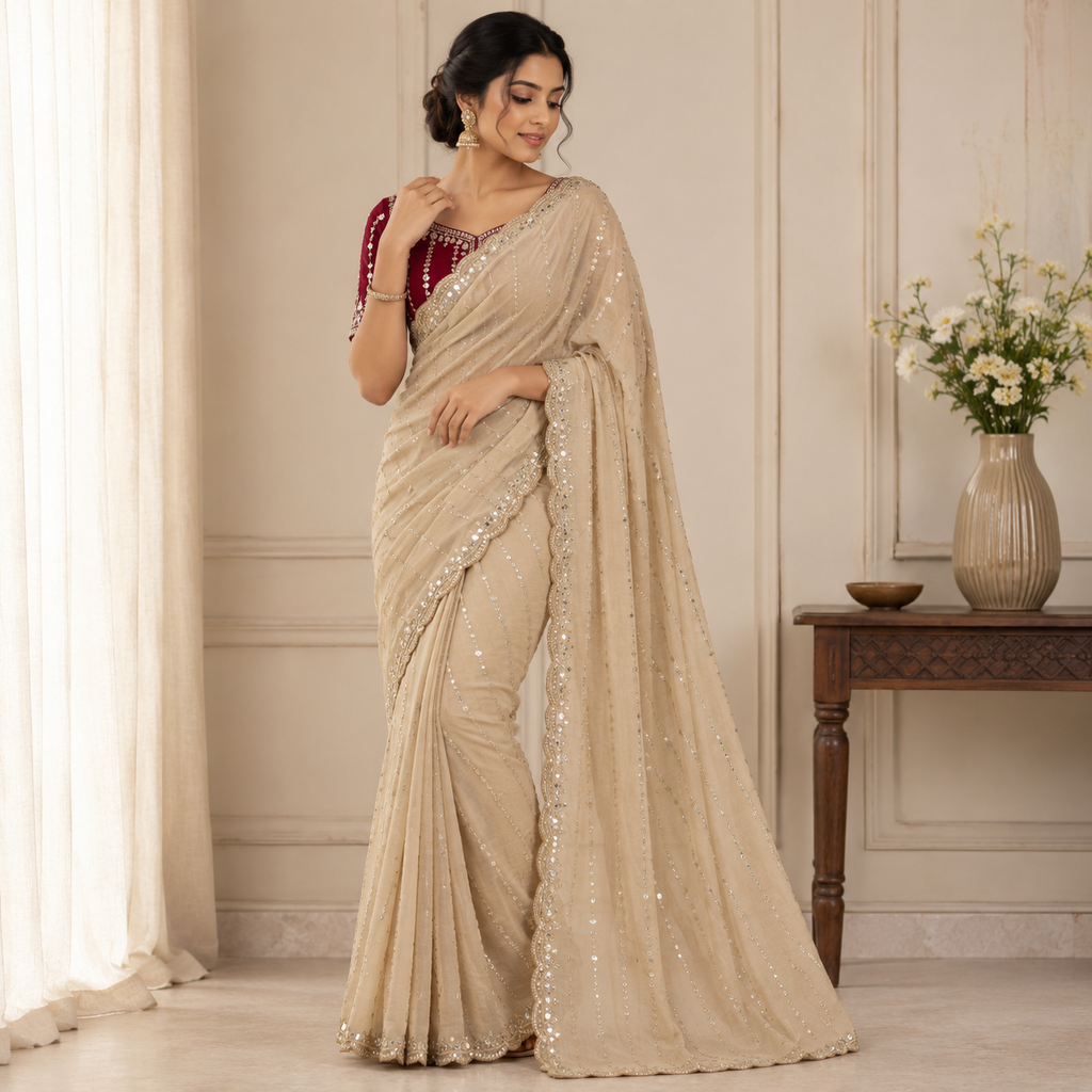 Beige Embellished Georgette Saree