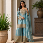 Blue Silk Gharara Suit Set