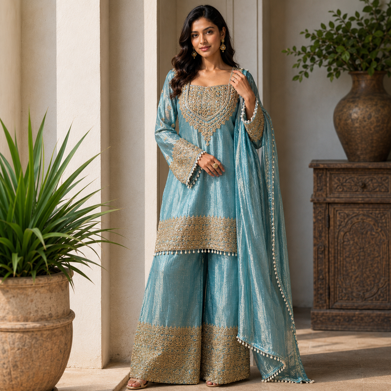Blue Silk Gharara Suit Set