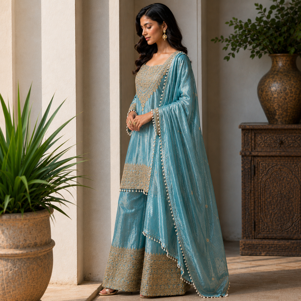 Blue Silk Gharara Suit Set