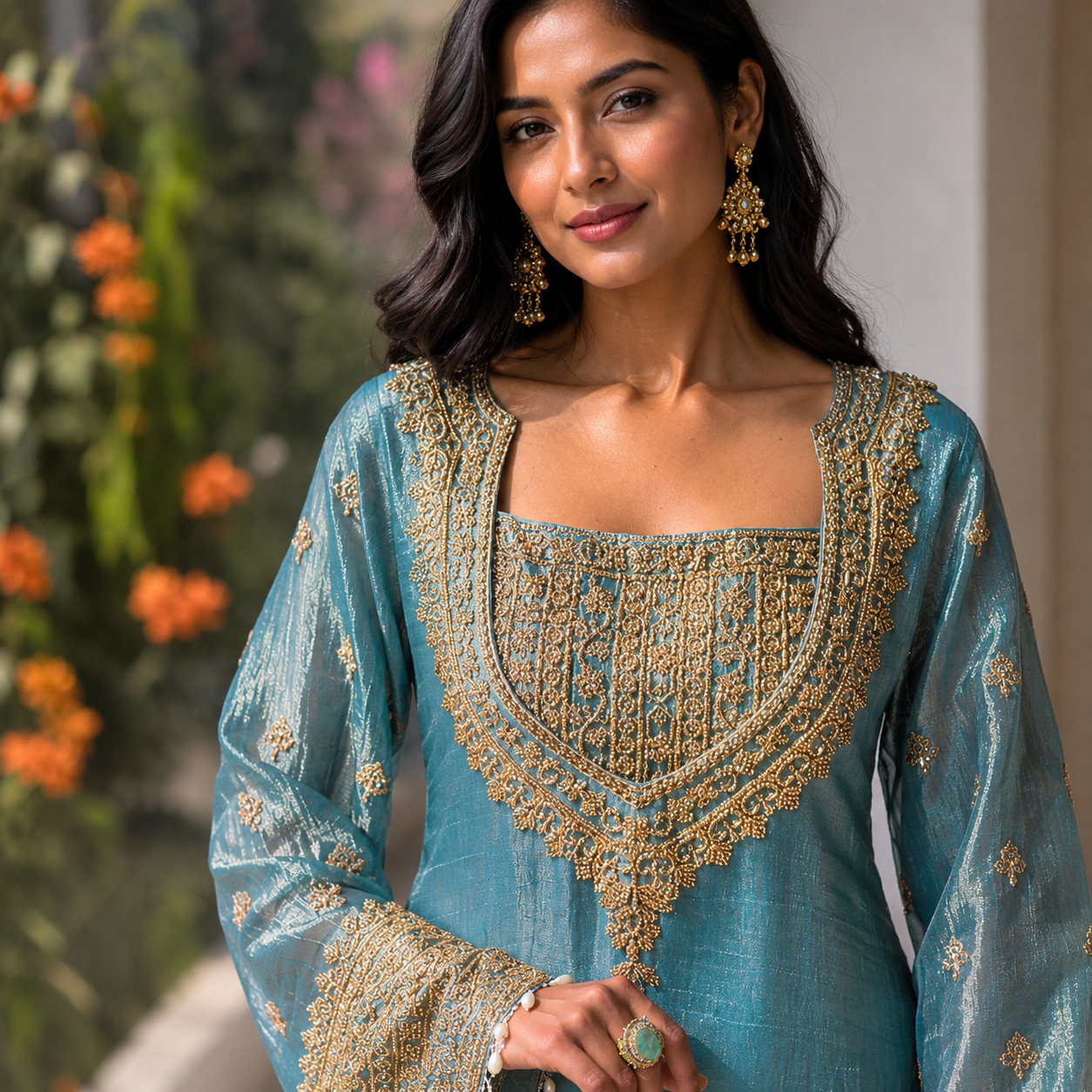 Blue Silk Gharara Suit Set
