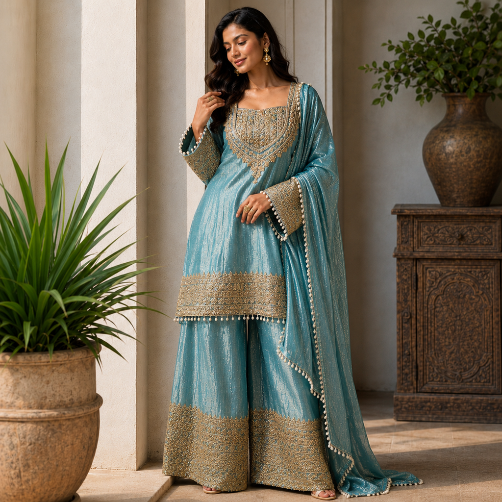 Blue Silk Gharara Suit Set