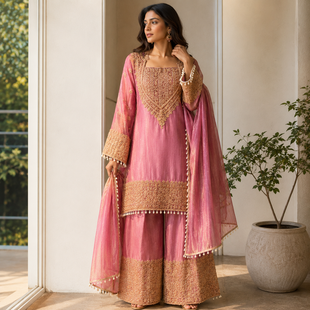 Pink Silk Gharara Suit Set