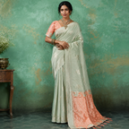 Green & Peach Linen Cotton Saree