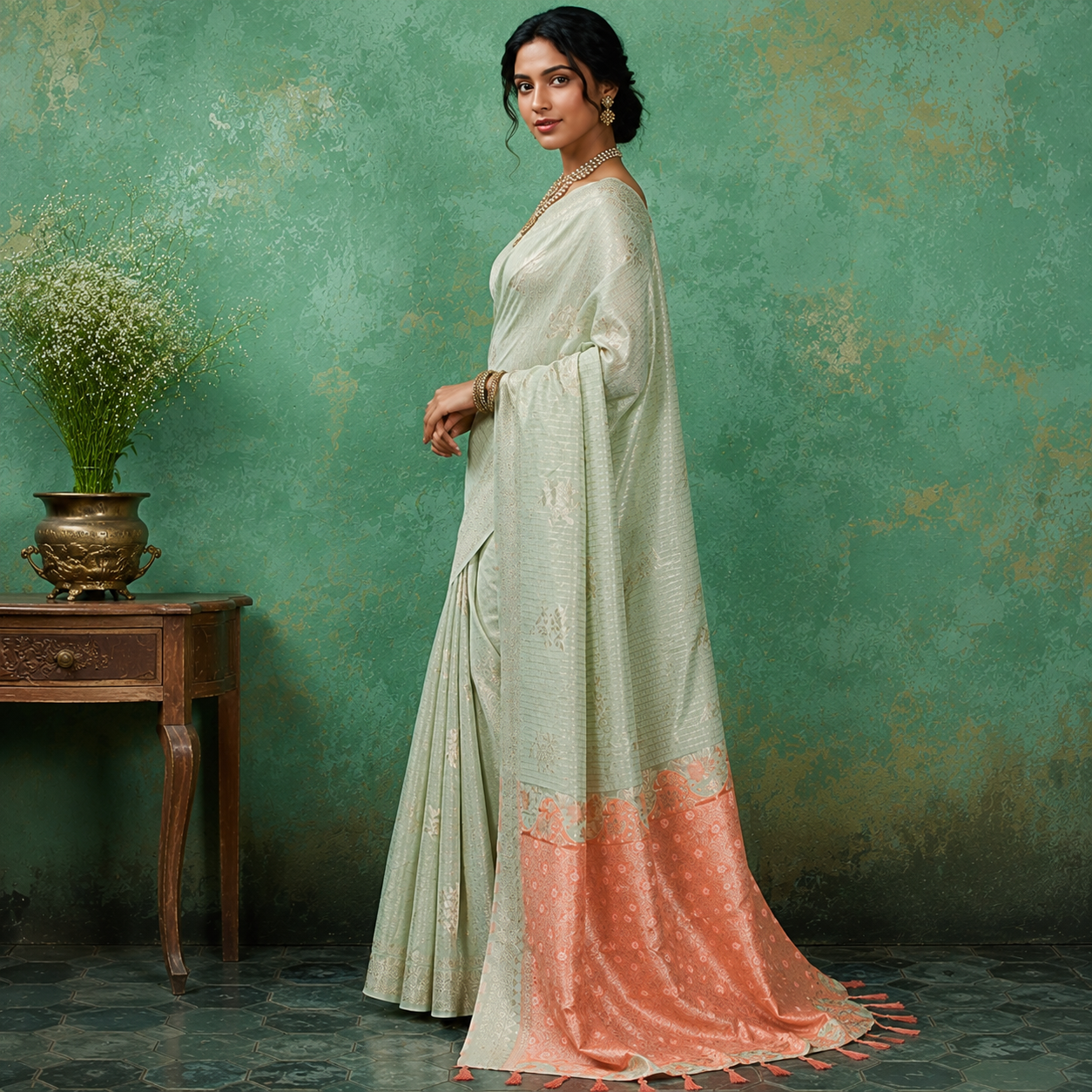 Green & Peach Linen Cotton Saree