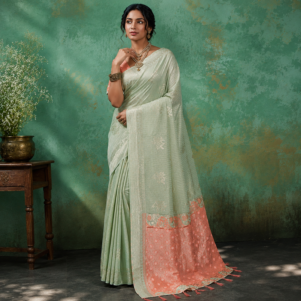 Green & Peach Linen Cotton Saree